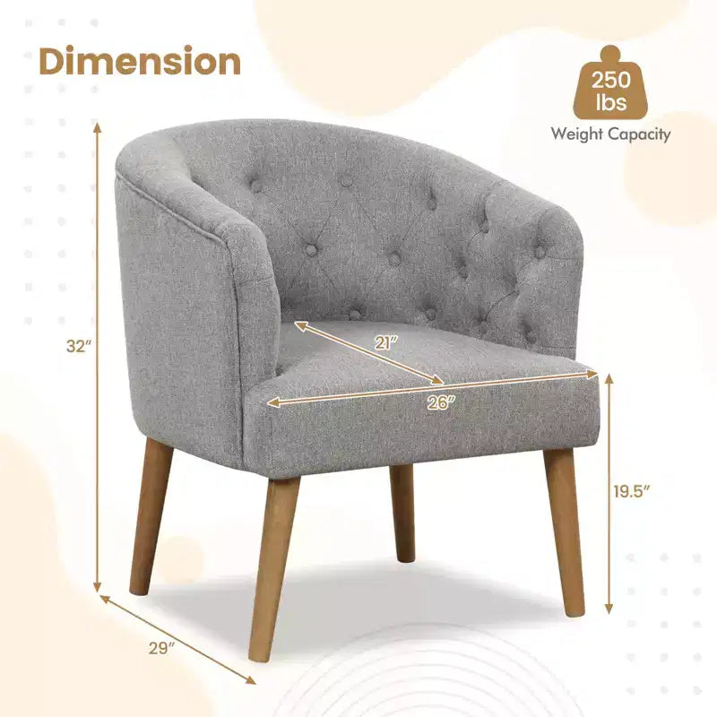 Fauteuil club capitonné avec pieds en bois d'hévéa – Lin, capitonné