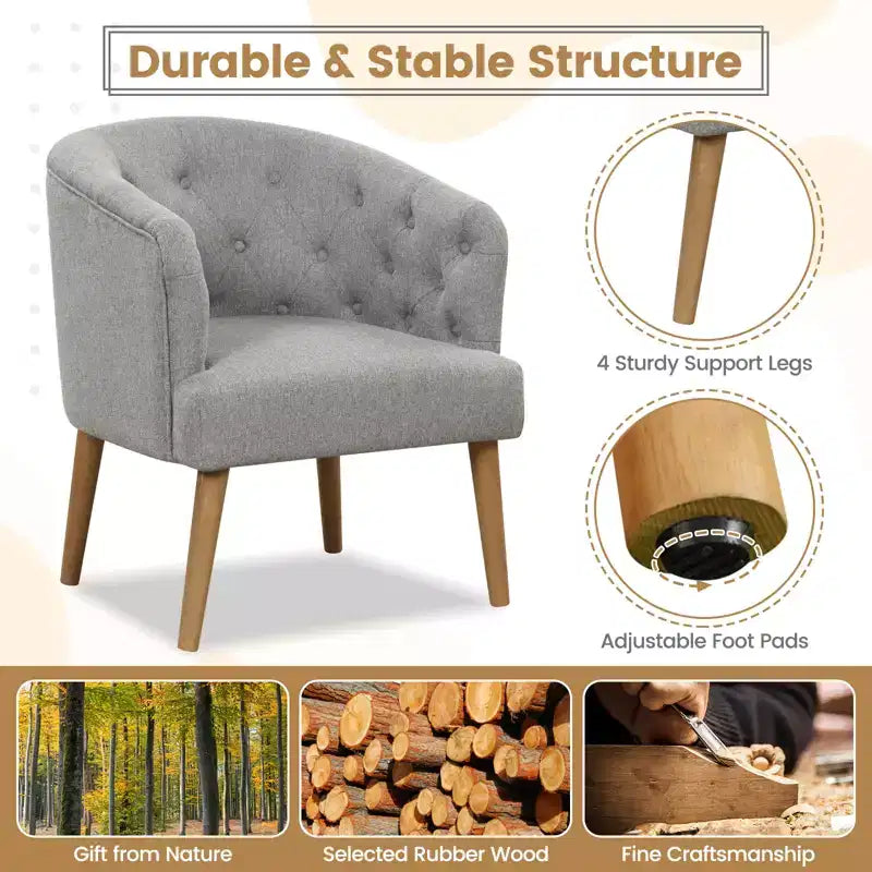 Fauteuil club capitonné avec pieds en bois d'hévéa – Lin, capitonné