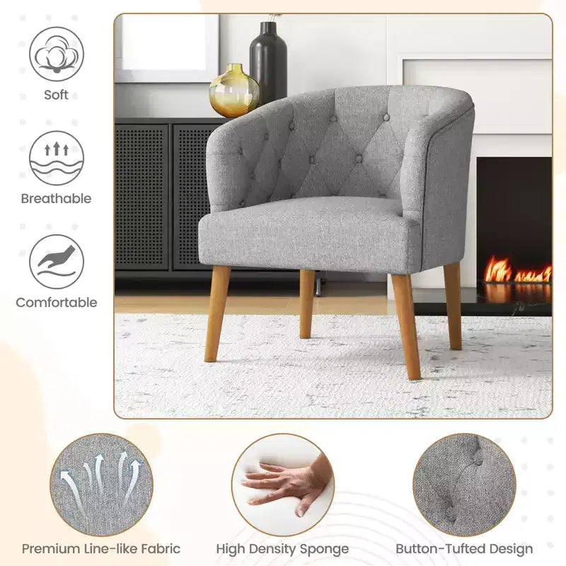 Fauteuil club capitonné avec pieds en bois d'hévéa – Lin, capitonné