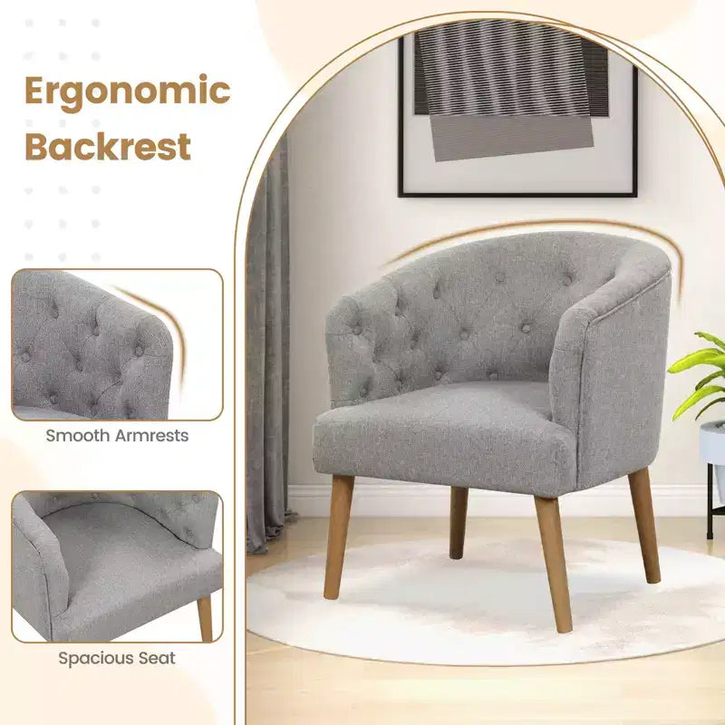 Fauteuil club capitonné avec pieds en bois d'hévéa – Lin, capitonné