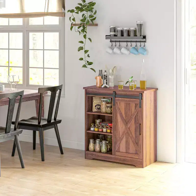 Meuble de bar à café style ferme - Buffet de 33 po avec porte de grange coulissante et étagère réglable
