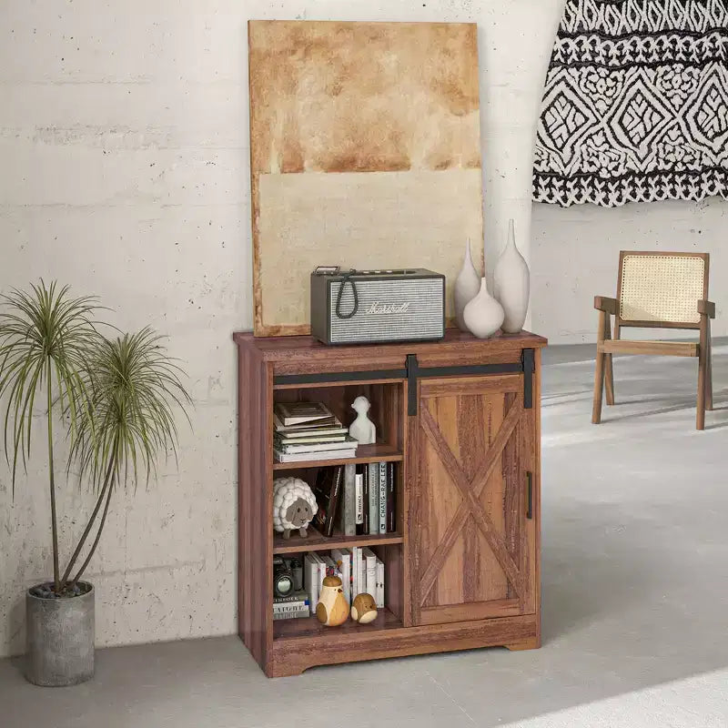 Meuble de bar à café style ferme - Buffet de 33 po avec porte de grange coulissante et étagère réglable