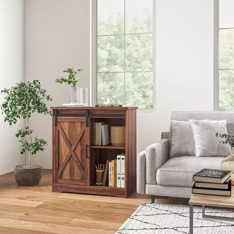 Meuble de bar à café style ferme - Buffet de 33 po avec porte de grange coulissante et étagère réglable