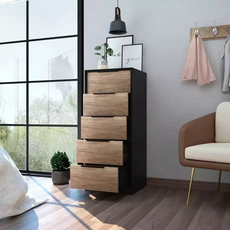 Commode 5 tiroirs - placage bois, finition peinte, dispositif anti-basculement