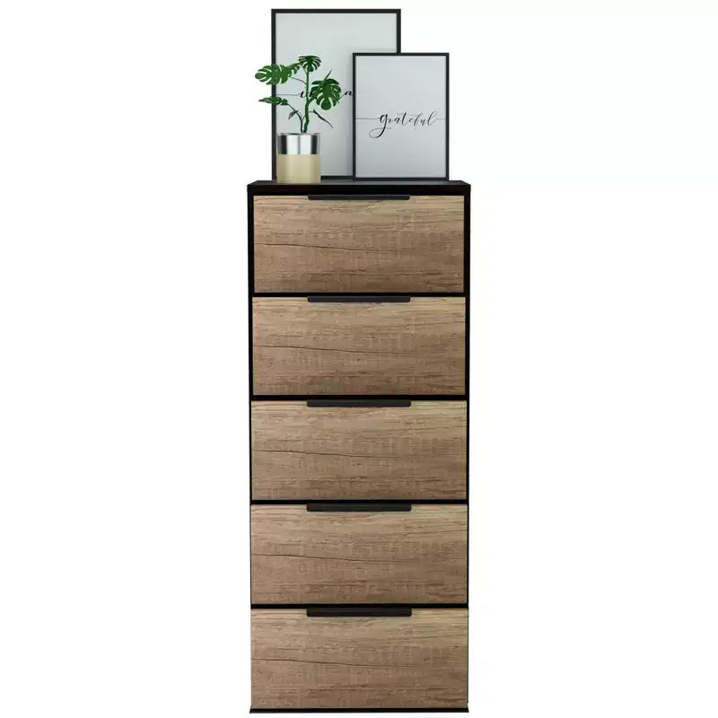 Commode 5 tiroirs - placage bois, finition peinte, dispositif anti-basculement