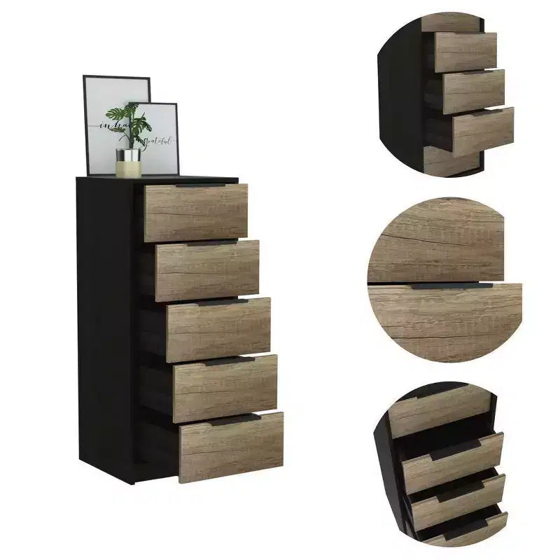 Commode 5 tiroirs - placage bois, finition peinte, dispositif anti-basculement