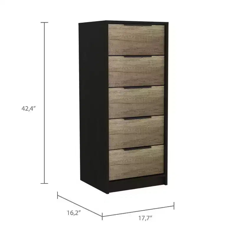 Commode 5 tiroirs - placage bois, finition peinte, dispositif anti-basculement