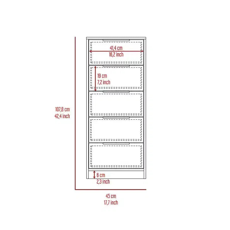 Commode 5 tiroirs - placage bois, finition peinte, dispositif anti-basculement
