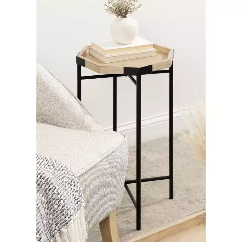 Table d'appoint octogonale en bois - Finition naturelle, base en métal noir satiné, 15x15x24