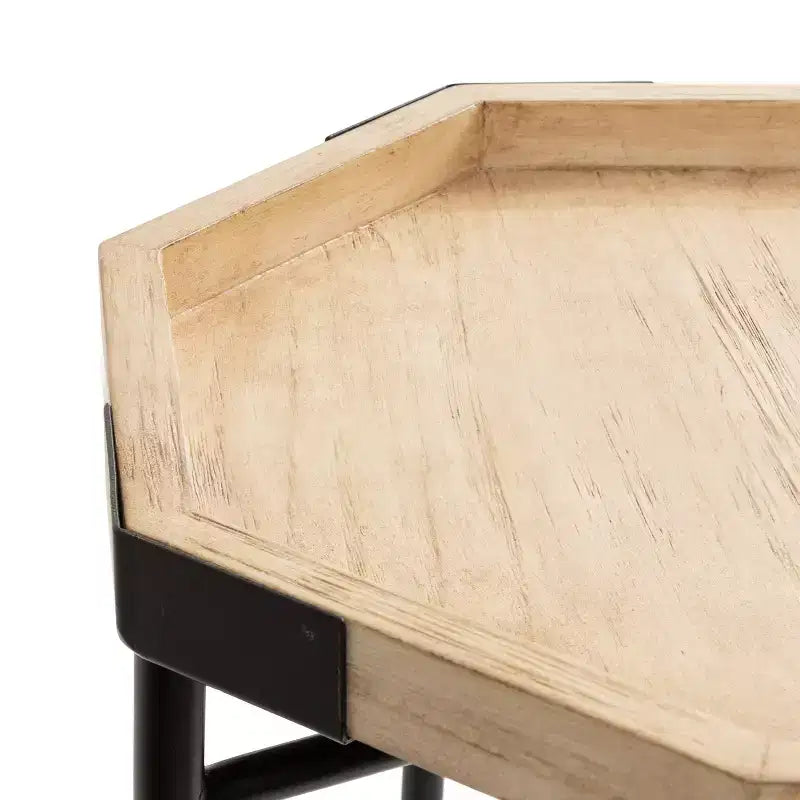 Table d'appoint octogonale en bois - Finition naturelle, base en métal noir satiné, 15x15x24