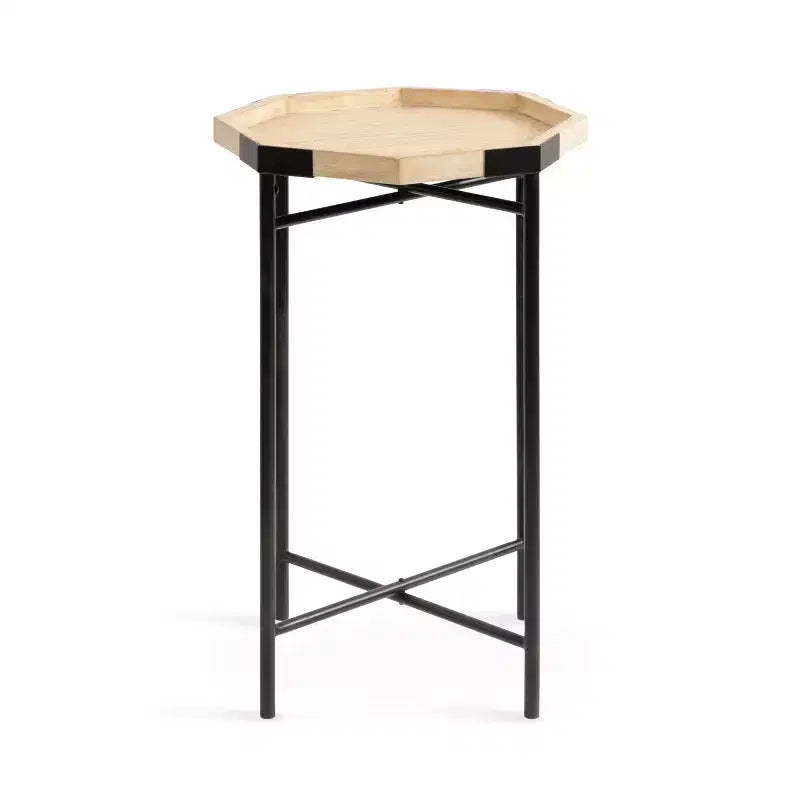 Table d'appoint octogonale en bois - Finition naturelle, base en métal noir satiné, 15x15x24