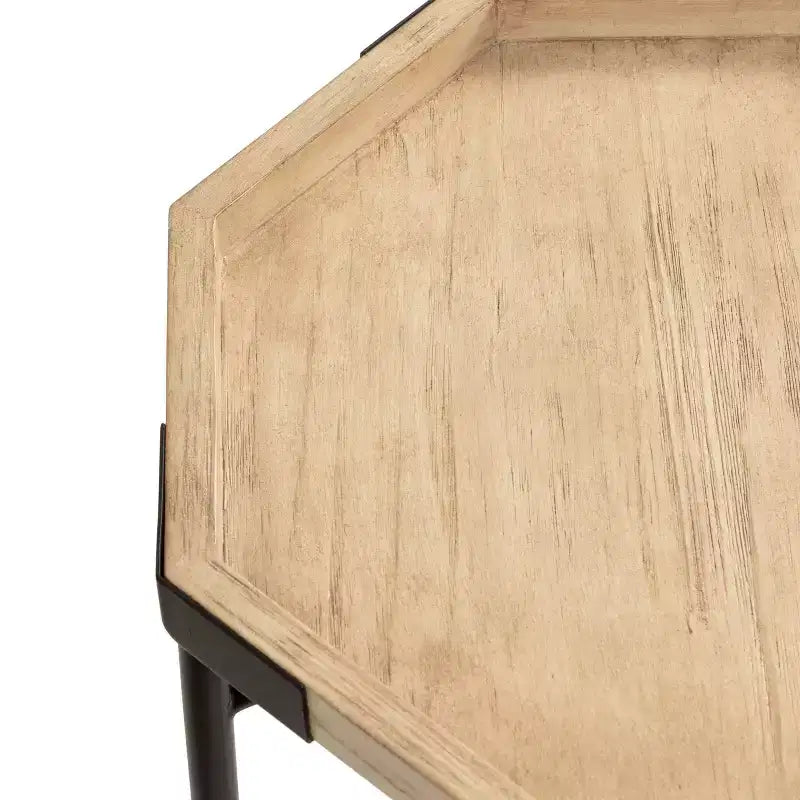 Table d'appoint octogonale en bois - Finition naturelle, base en métal noir satiné, 15x15x24