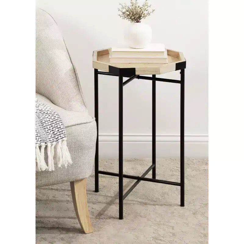 Table d'appoint octogonale en bois - Finition naturelle, base en métal noir satiné, 15x15x24