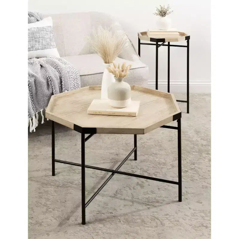 Table d'appoint octogonale en bois - Finition naturelle, base en métal noir satiné, 15x15x24