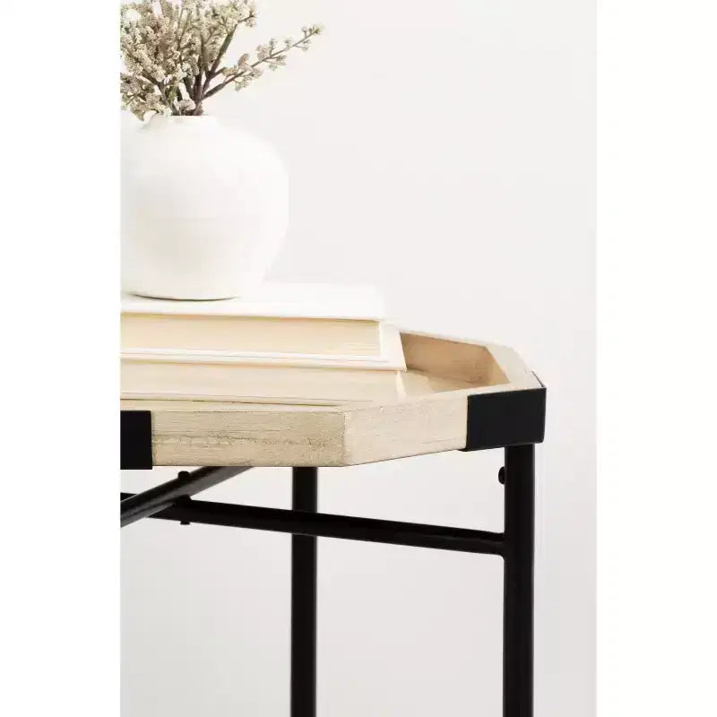 Table d'appoint octogonale en bois - Finition naturelle, base en métal noir satiné, 15x15x24