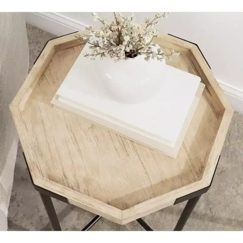 Table d'appoint octogonale en bois - Finition naturelle, base en métal noir satiné, 15x15x24