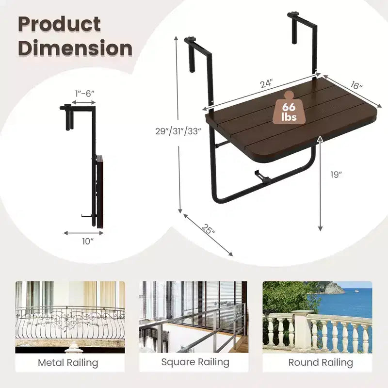 Table de balcon pliante réglable en hauteur sur 3 niveaux