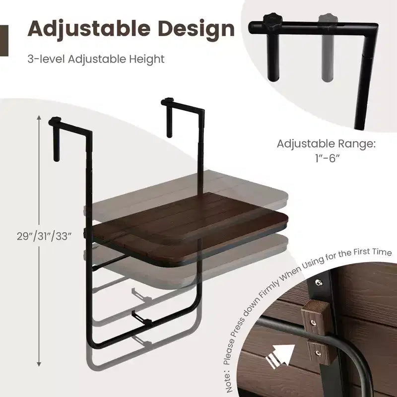 Table de balcon pliante réglable en hauteur sur 3 niveaux