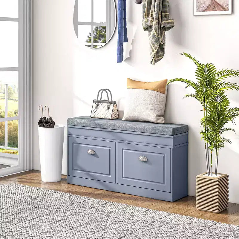 Banc range-chaussures moderne pour entrée - Organisateur de rangement avec coussin, 2 tiroirs et étagère réglable
