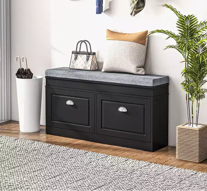 Banc range-chaussures moderne pour entrée - Organisateur de rangement avec coussin, 2 tiroirs et étagère réglable
