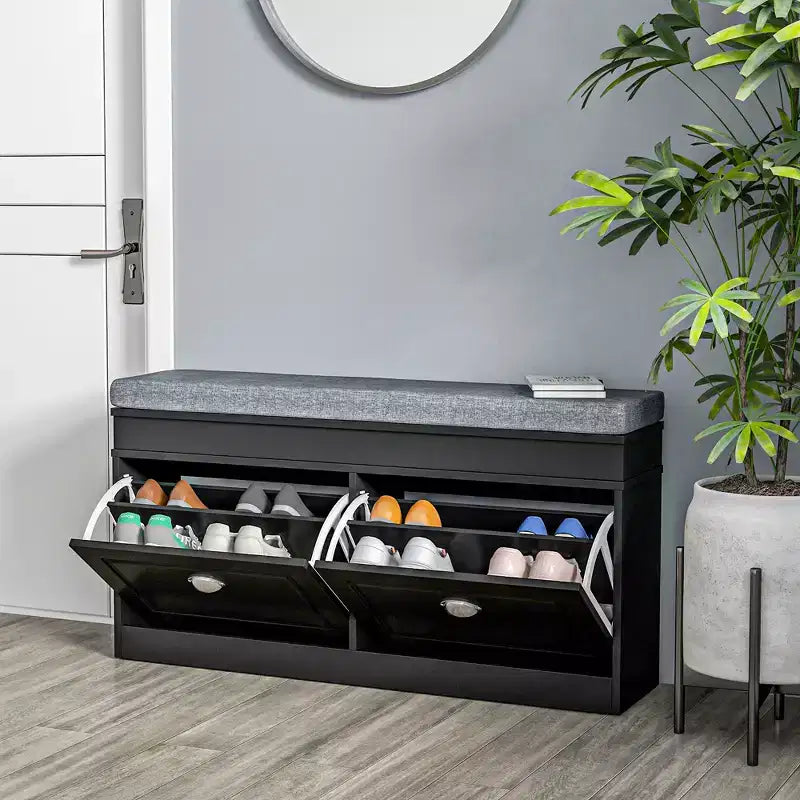 Banc range-chaussures moderne pour entrée - Organisateur de rangement avec coussin, 2 tiroirs et étagère réglable
