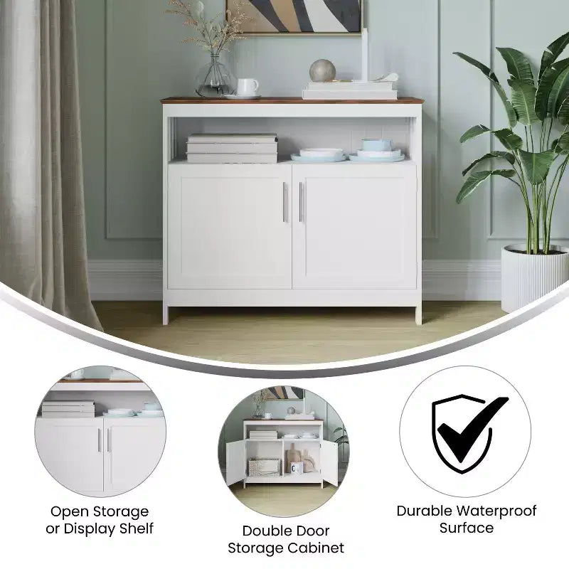 Buffet classique et meuble d'appoint avec placard de rangement à double porte et étagère ouverte