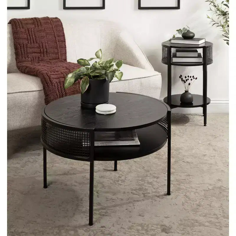 Table basse ronde 26x25x18 - Bois noir, design à deux niveaux