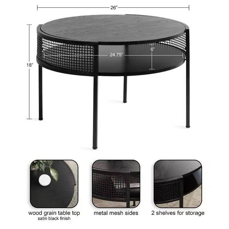 Table basse ronde 26x25x18 - Bois noir, design à deux niveaux