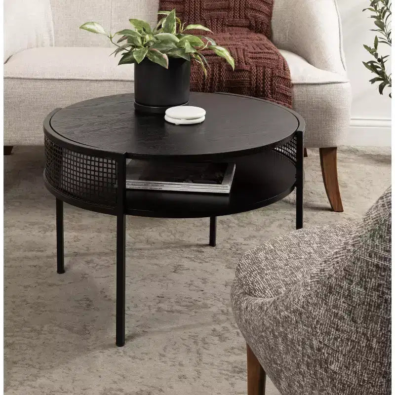 Table basse ronde 26x25x18 - Bois noir, design à deux niveaux