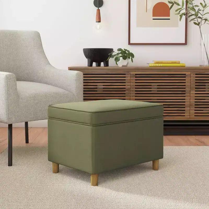 Pouf de rangement 61 cm - Velours vert avec pieds en bois