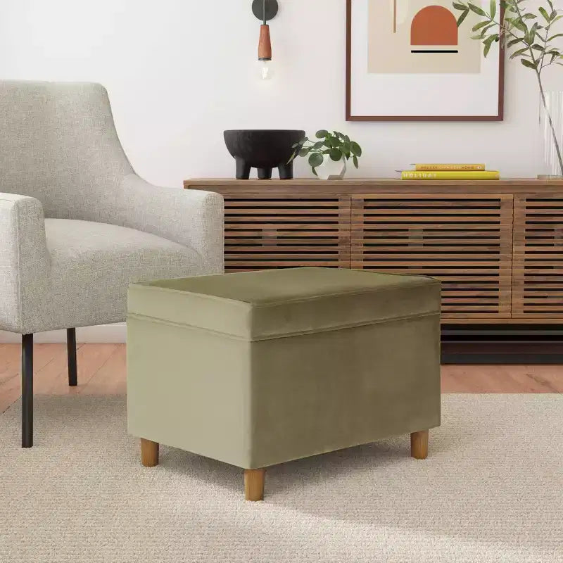 Pouf de rangement 61 cm - Velours vert avec pieds en bois